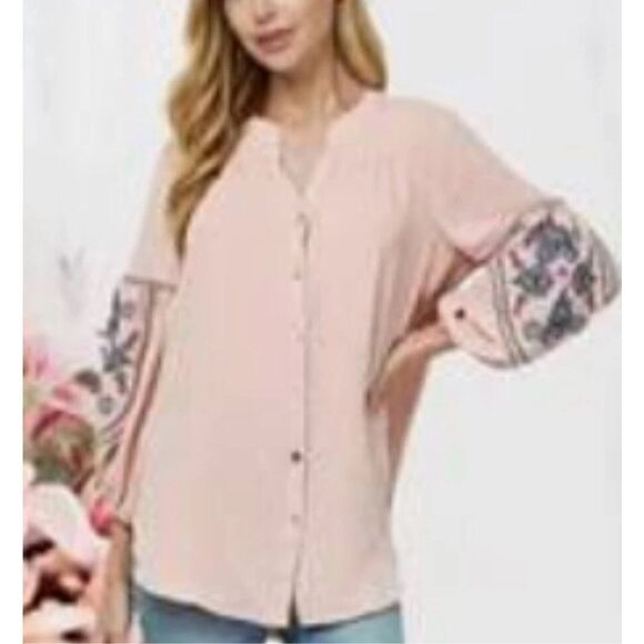 FIG and FLOWER Anthro Top Women’s size M Pink Floral Embroidered Peasant Blouse - Picture 1 of 9